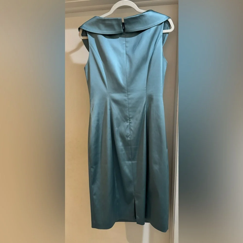 Silk Misty Blue Portrait Collar Ruched Sleeveless Tea Length Dress 10 - Picture 5 of 14